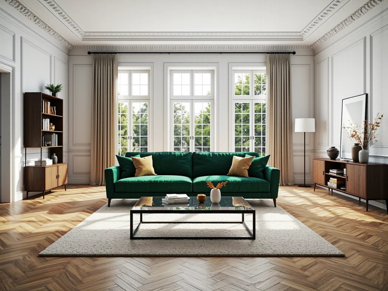 Elegantní sofa sametová butelkowa zielen z dekoracyjnymi prošíváním