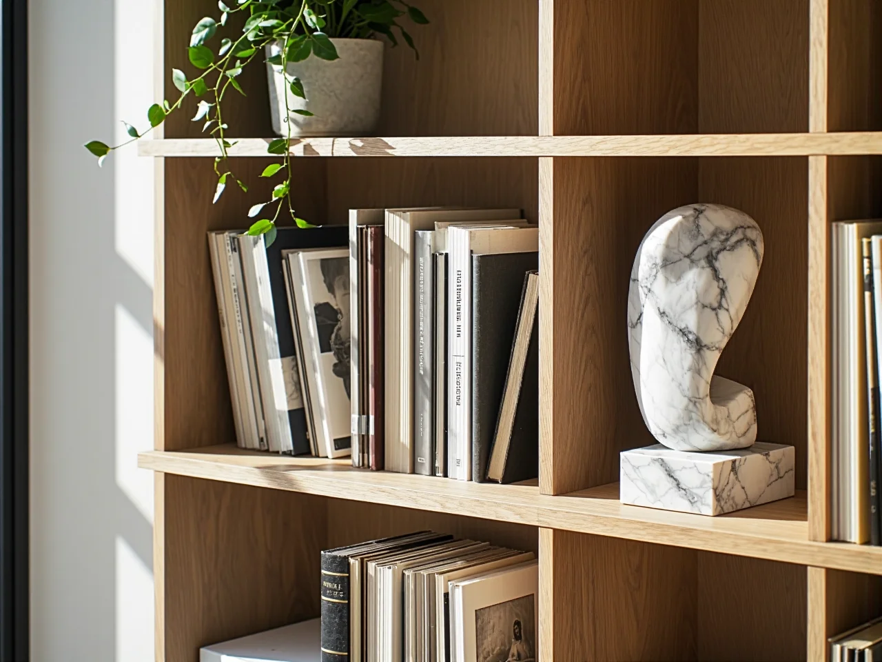 Ekskluzywny regał biblioteczny jako główny element aranżacji nowoczesnego salonu w stylu premium.