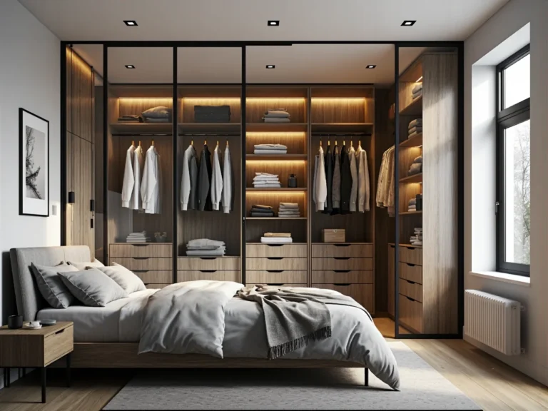 Garderoba walk-in dub craft z osvětlením LED a skleněnými dveřmi