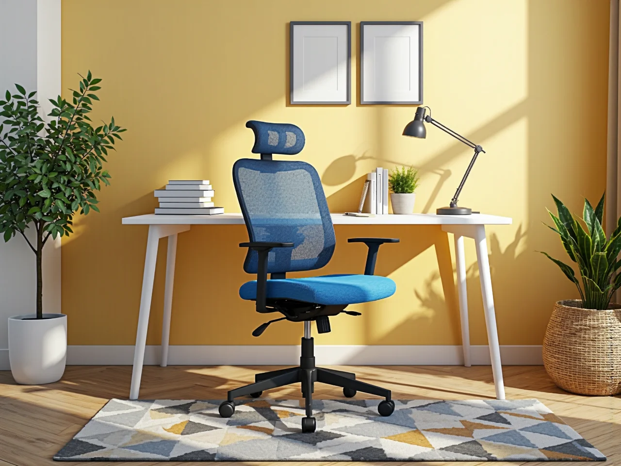 Niebieskie ergonomiczne židle biurowe s čelem a regulacja wysokosci