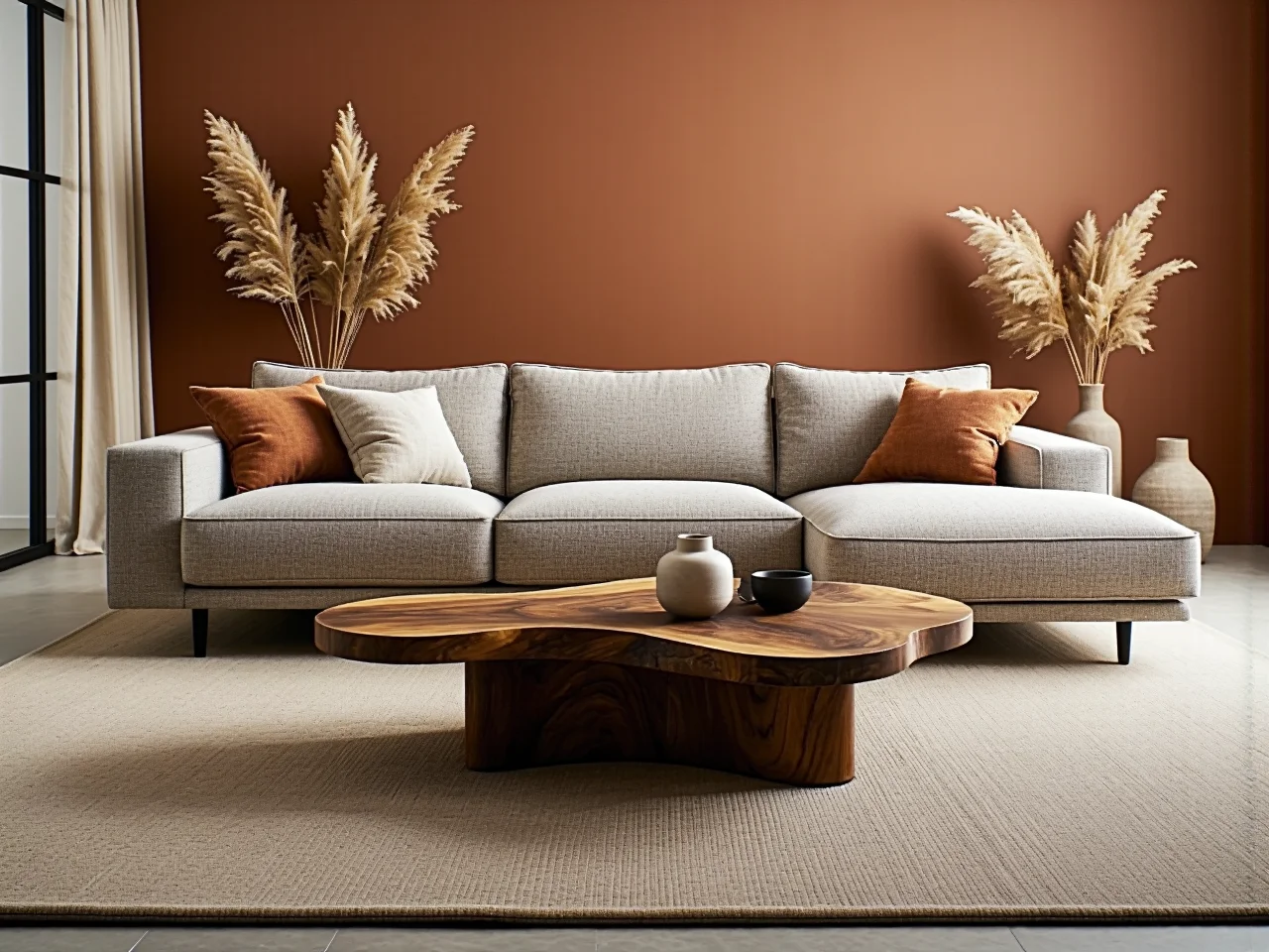Šedá sofa trzyosobowa z poduszkami a dřevěný stolek kawowy