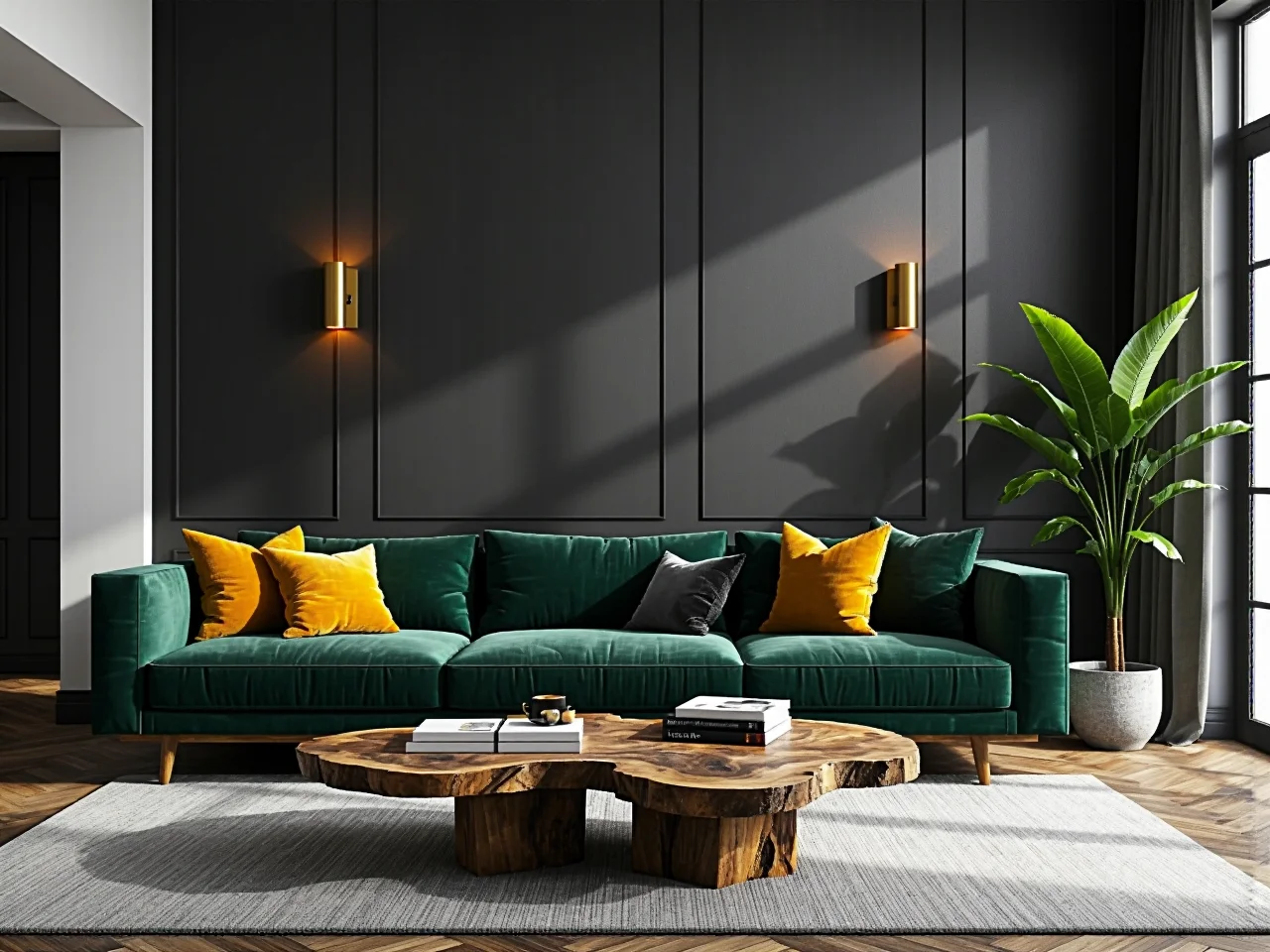 Elegancka szara sofa premium w nowoczesnej aranżacji salonu jako centralny punkt wnętrza.