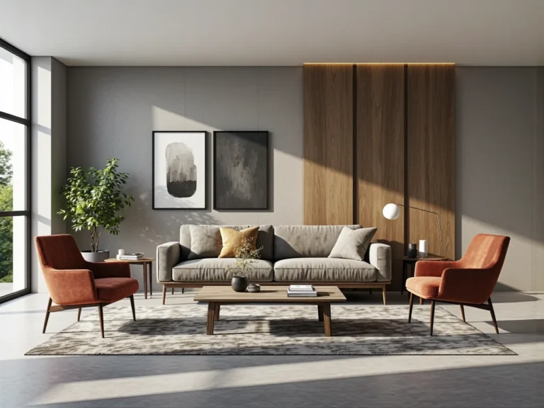 Šedá sofa čalouněná z polštáři a křesla v barvě terakoty