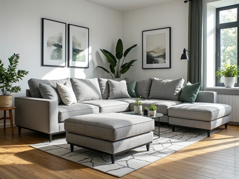 Šedá sofa modulowa narozna z pufa a poduszkami dekoracyjnymi