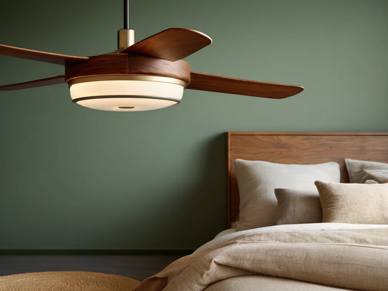 Elegancka lampa z wentylatorem do sypialni z łopatkami wykonanymi z jasnego drewna.