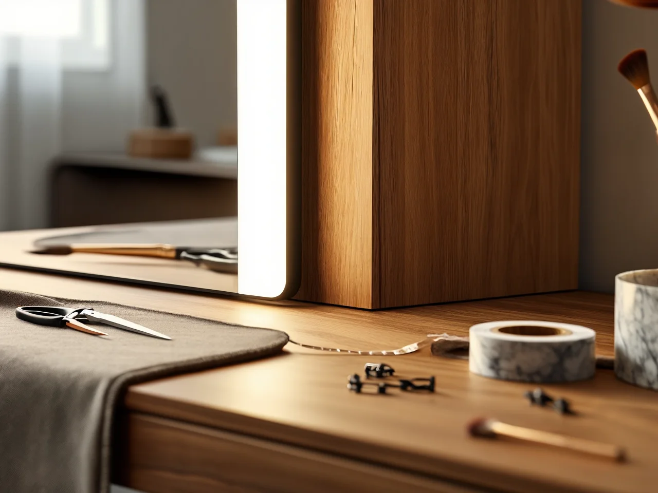 Niezbędne materiały do stworzenia DIY ramki LED wokół lustra toaletkowego.