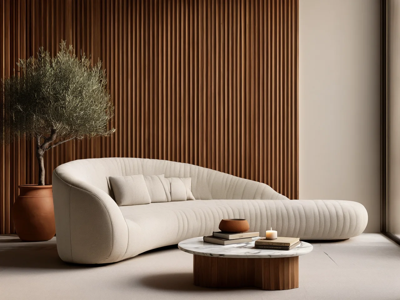 Minimalistyczny salon z 2026 roku, gdzie głównym elementem jest wygodna sofa w kolorze beżowym.
