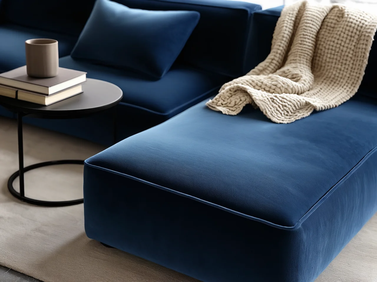 Przestronna sofa modułowa skonfigurowana w sposób zapewniający dodatkowe miejsca dla zaproszonych gości.
