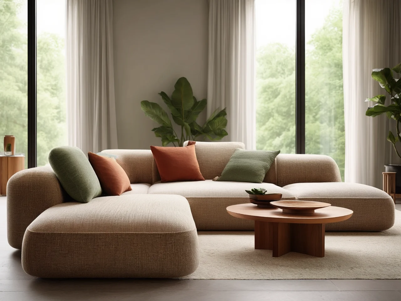 Sofa pod oknem w jasnym salonie