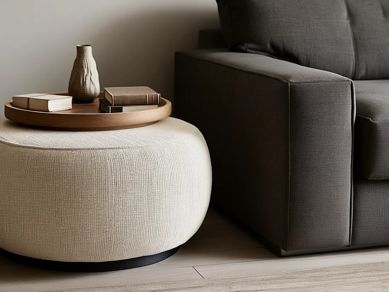 Elegancka szara sofa z dodatkowymi pufami zapewniająca komfortowe miejsca do siedzenia.