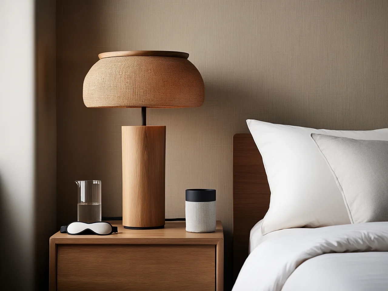 Minimalistyczna lampa na stolik nocny wspomagająca spokojne zasypianie dzięki odpowiedniej barwie żarówki.