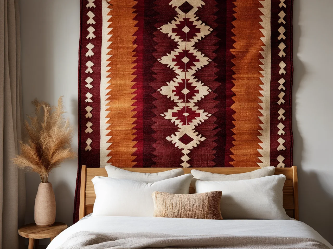 Ręcznie tkany wełniany dywan kilim o orientalnych motywach, idealnie pasujący do sypialni w stylu boho.