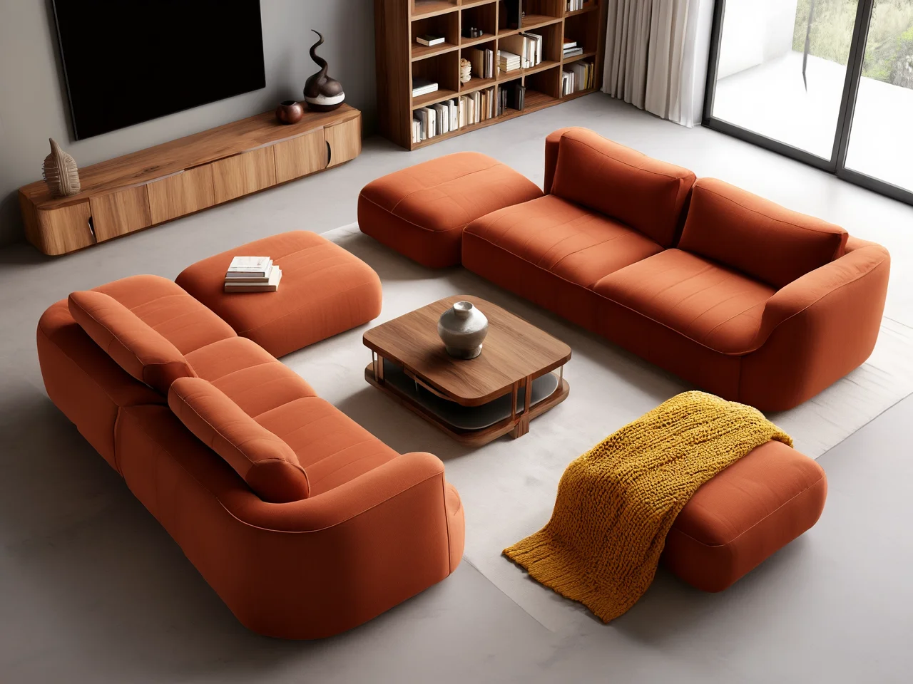 Wygodna sofa z pufami w komplecie pasująca do nowoczesnego wystroju pokoju dziennego.