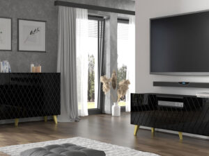 Miniatura 13 - Černá lesklá obývací stěna s komodou a TV stolkem na zlatých nohách