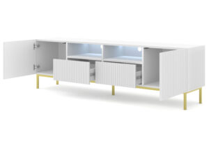 Miniatura 2 - Bílý TV stolek s frézovanými čely, zlatými nohami a LED osvětlením