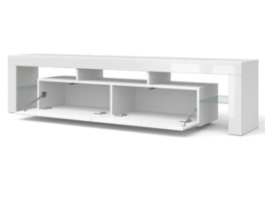 Miniatura 2 - TV stolek bílá polysk z otwartymi klapami a skleněnou policí