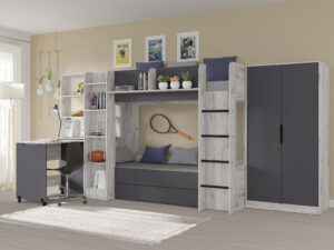 Miniatura 12 - Sestava nábytku pro mládež s patrovou postelí, psacím stolem a šatní skříní v kombinaci grafitu a světlého dubu
