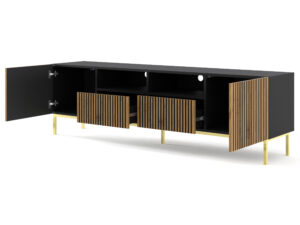 Miniatura 4 - Černý TV stolek s dubovými lamelovými čely na zlatých nohách