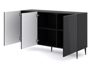 Miniatura 3 - Černá komoda s frézovaným frontem a otevřenými dvířky na kovových nohách