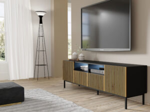 Miniatura 5 - Černý TV stolek s lamelovými čely v dekoru dub craft a LED osvětlením