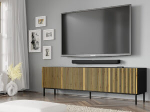 Miniatura 7 - Černý TV stolek s čelem v dekoru dub craft na kovových nohách