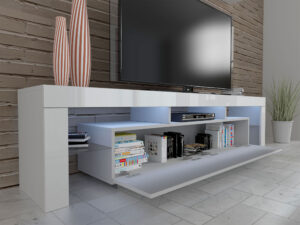 Miniatura 7 - TV stolek bílá polysk z osvětlením LED a otwartymi policemi