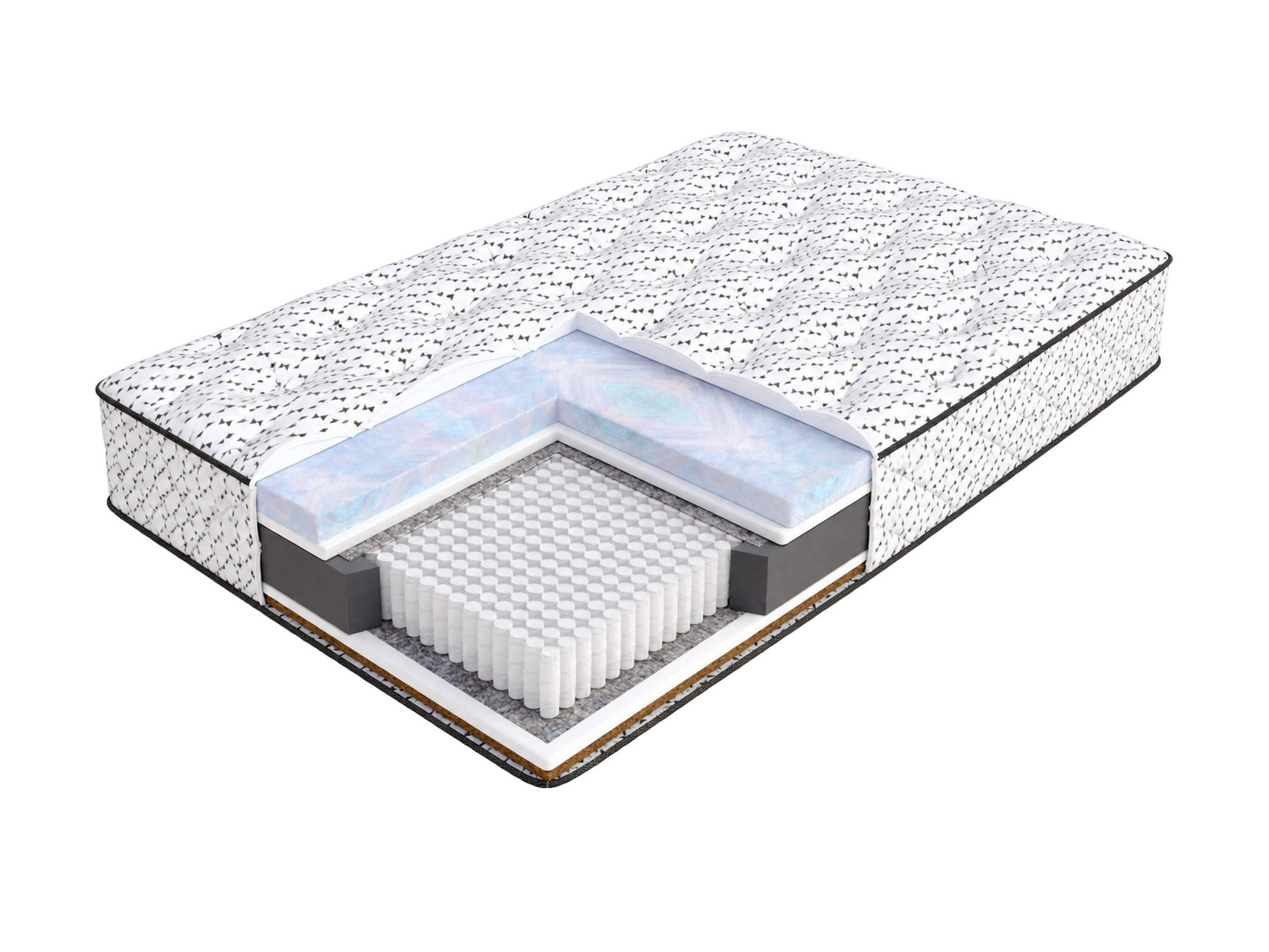 Micro-Taschenfederkernmatratze für Bett LORETO im Querschnitt mit sichtbarem Innenaufbau auf weißem Hintergrund