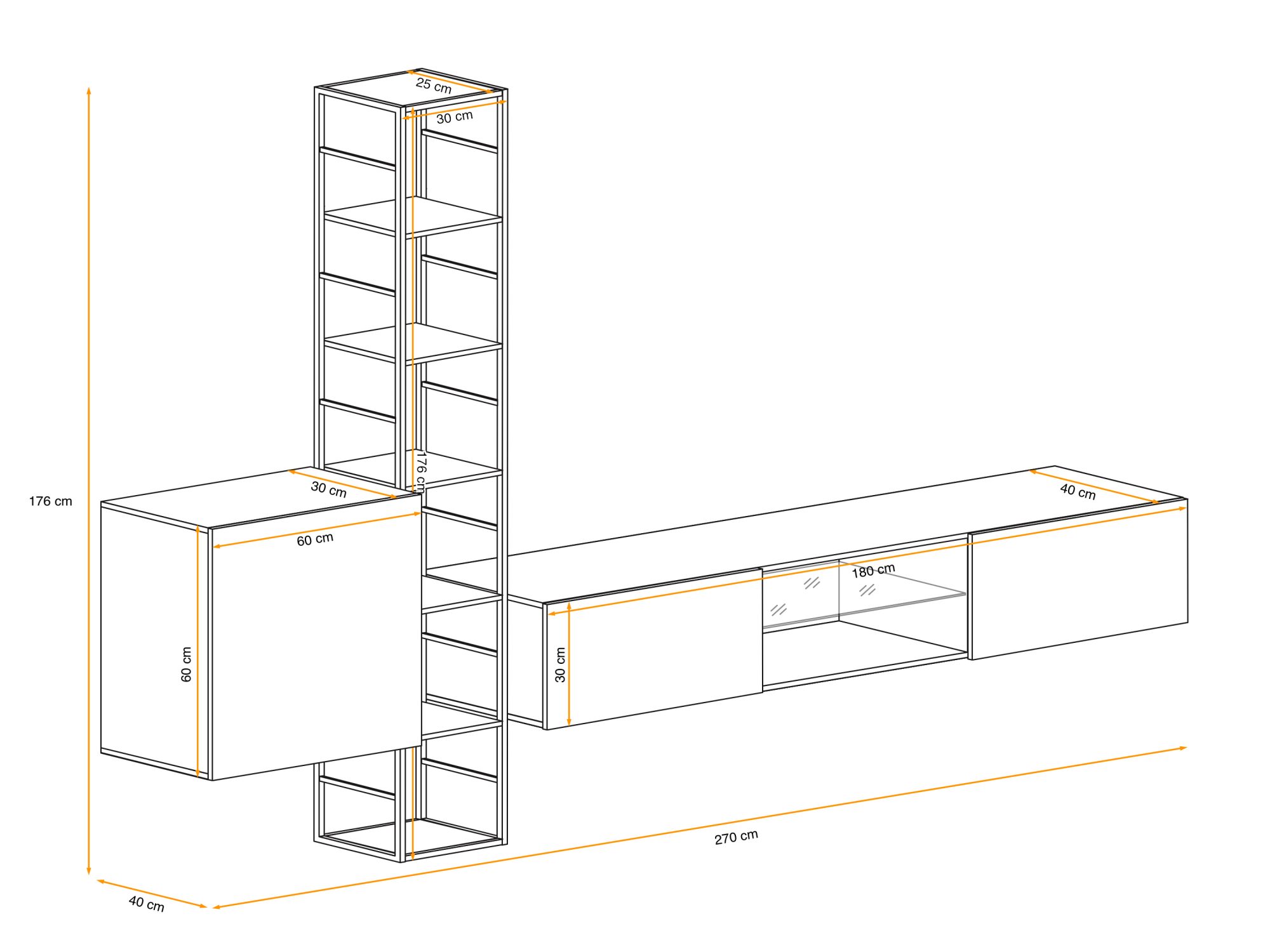 Obývací stěna Kelmoro 270 cm – rozměry regálu, skříňky a TV stolku
