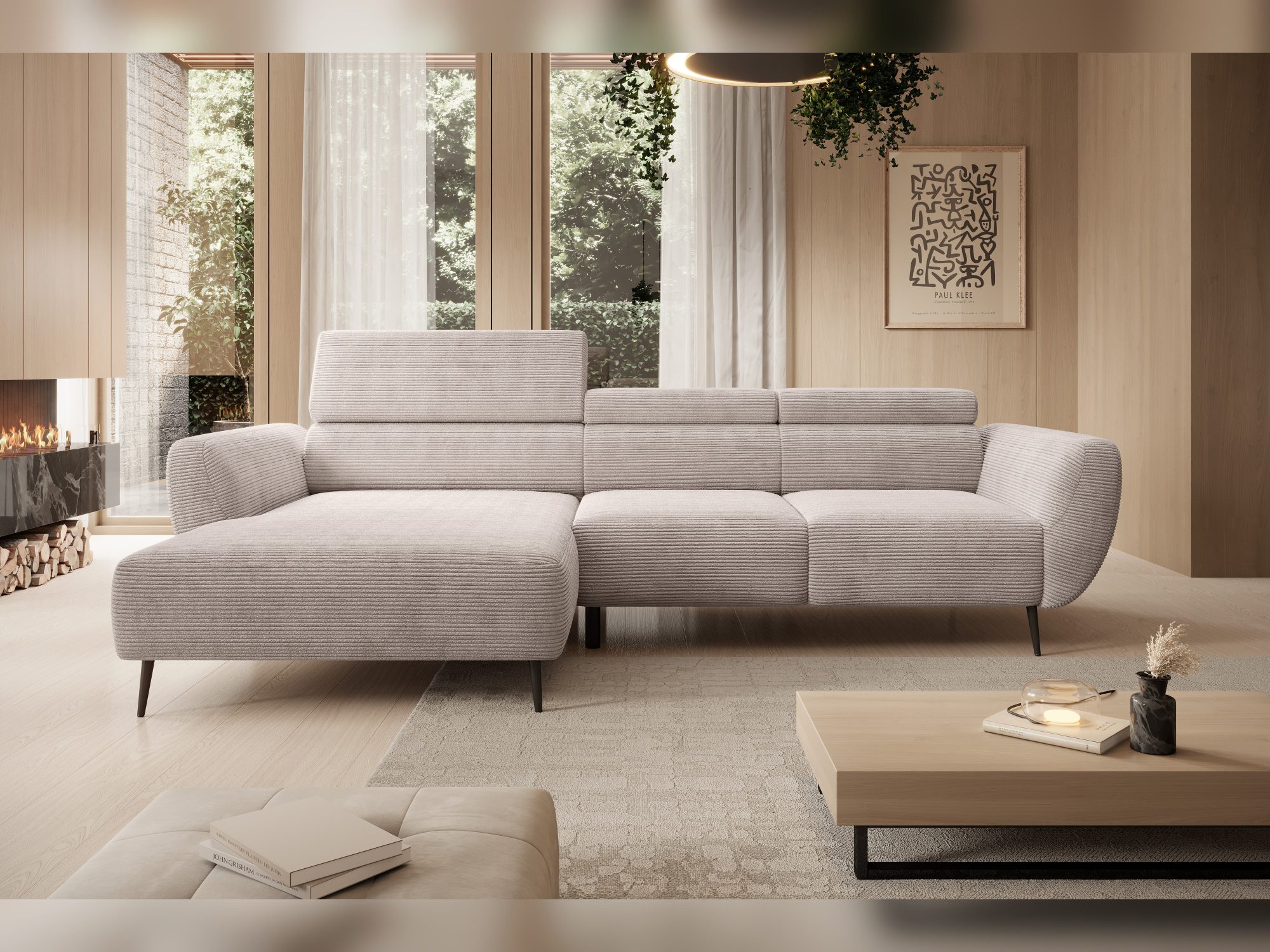 Ecksofa Rivello in einem hellen Wohnzimmer mit Kamin und Holzwand