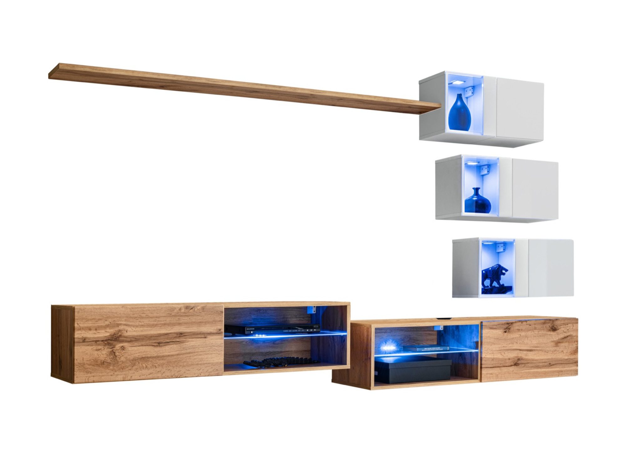 Wohnwand Kelmoro 250 cm in Wotan Eiche und Weiß mit LED