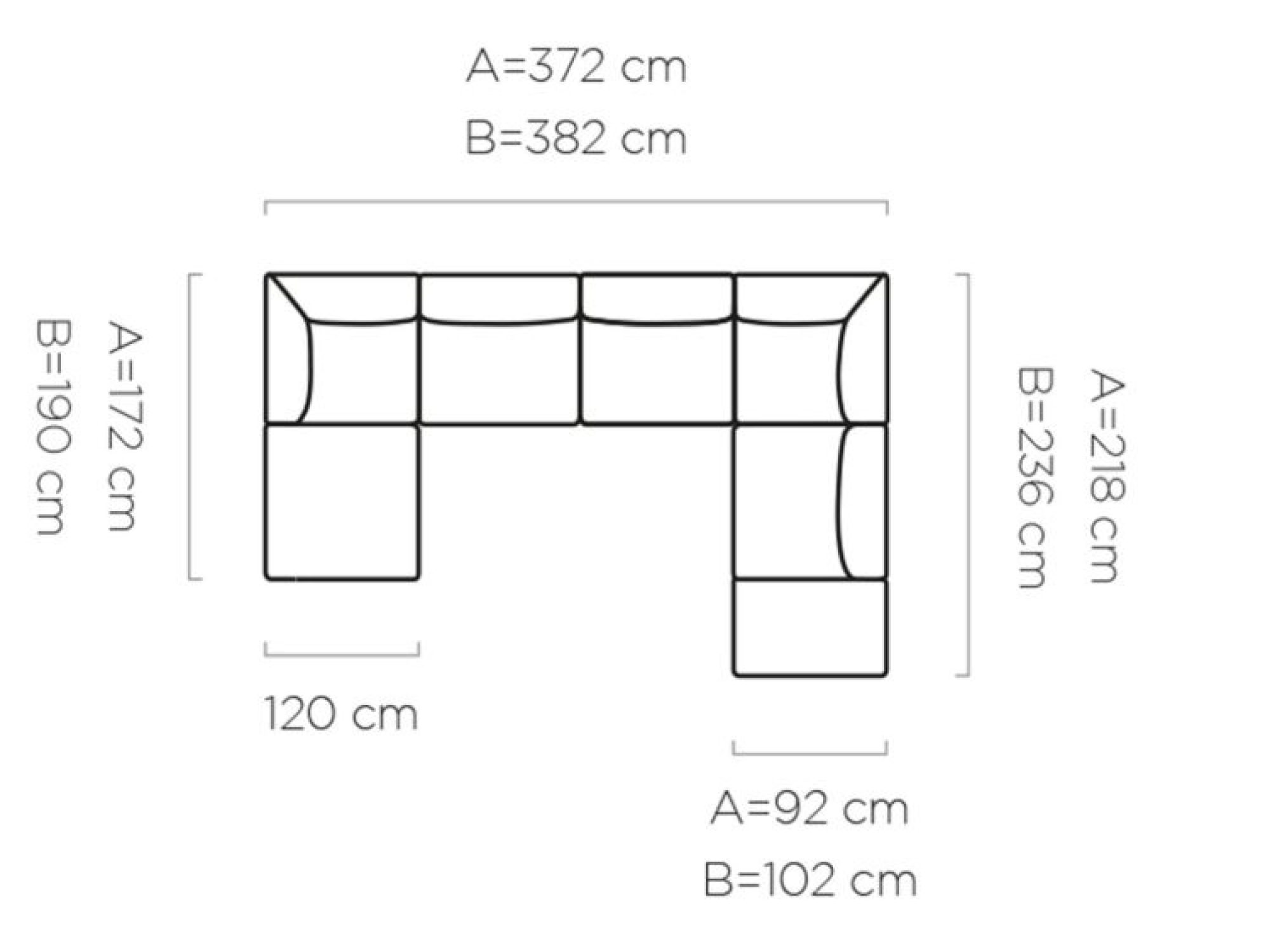 Rozměrový nákres rohové sedací soupravy Rovelia 382 cm
