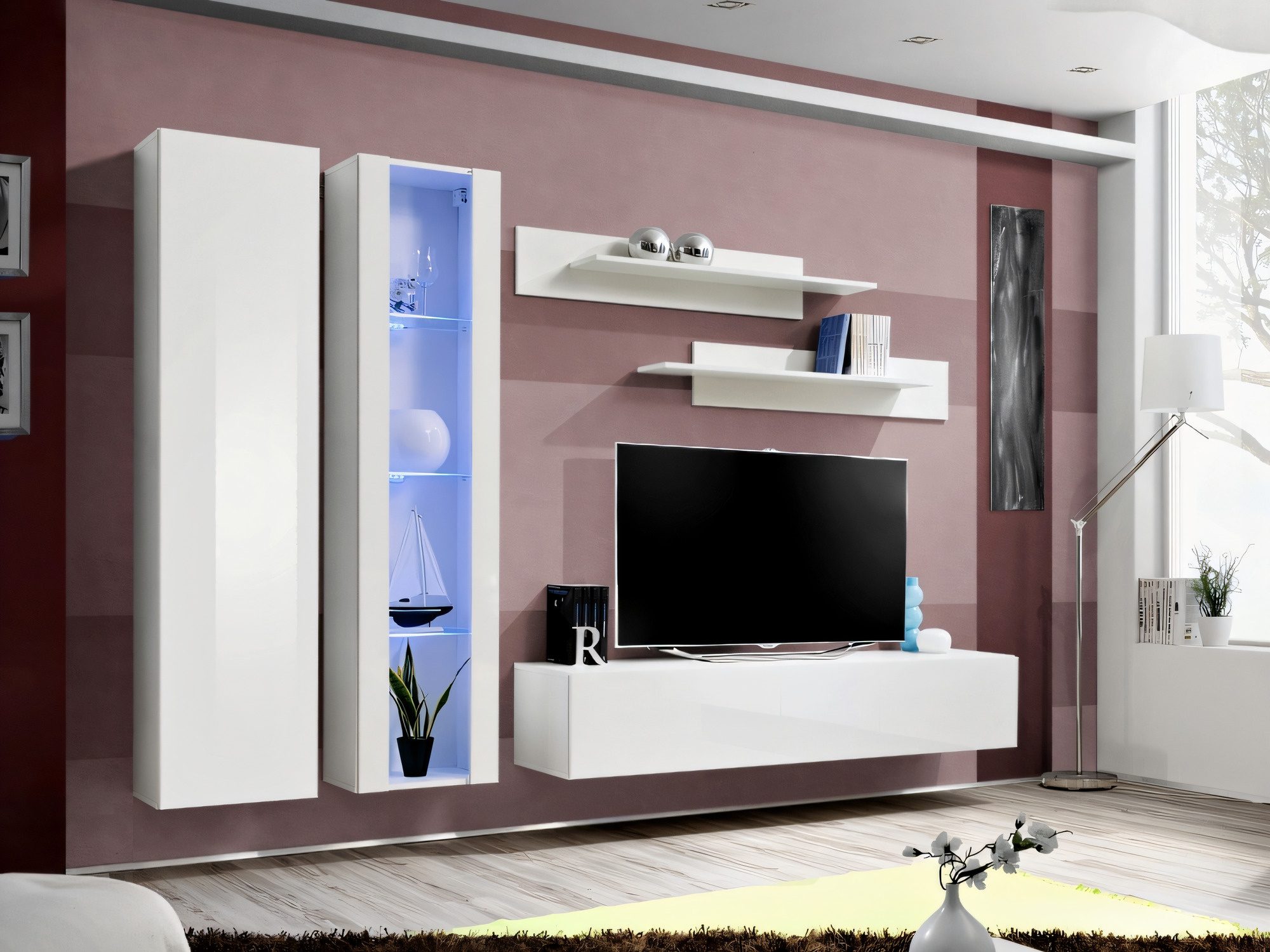 Obývací stěna Flavero 260 cm bílá a bílý lesk se skříňkou a LED vitrínou