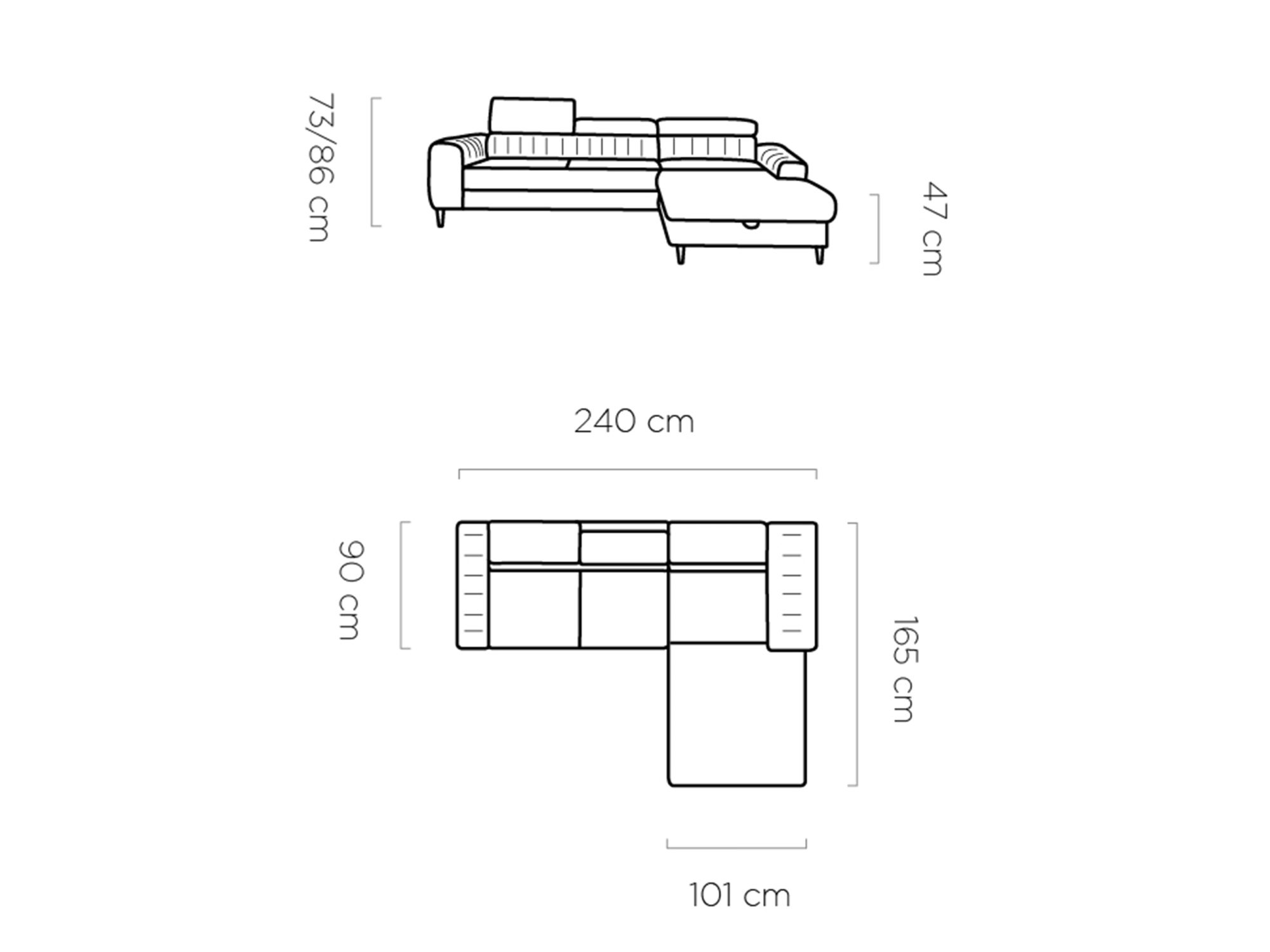 Rozměrový nákres rohové sedací soupravy Naverio 240 cm
