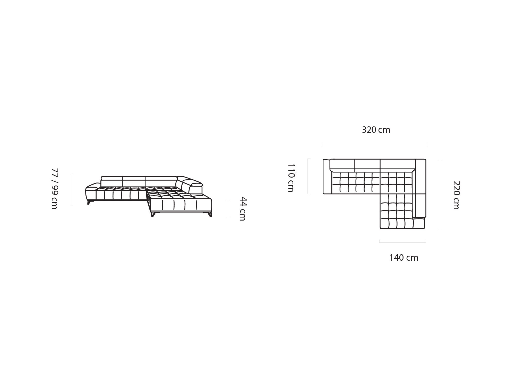Rozměrový nákres rohové sedací soupravy Palvero 320 cm