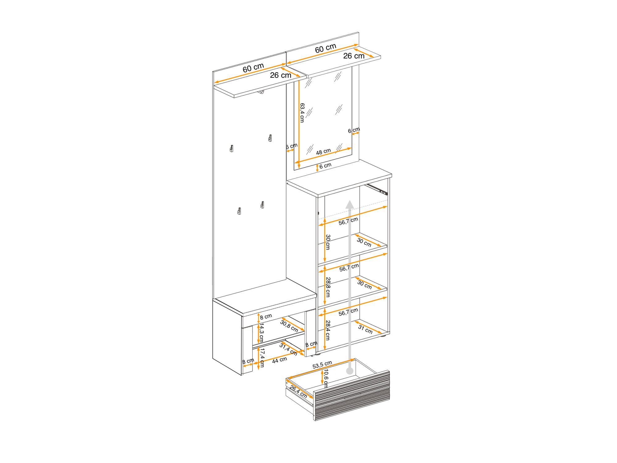 Aufteilung der Garderobe Melvoro 120 cm mit Spiegel und Kommode
