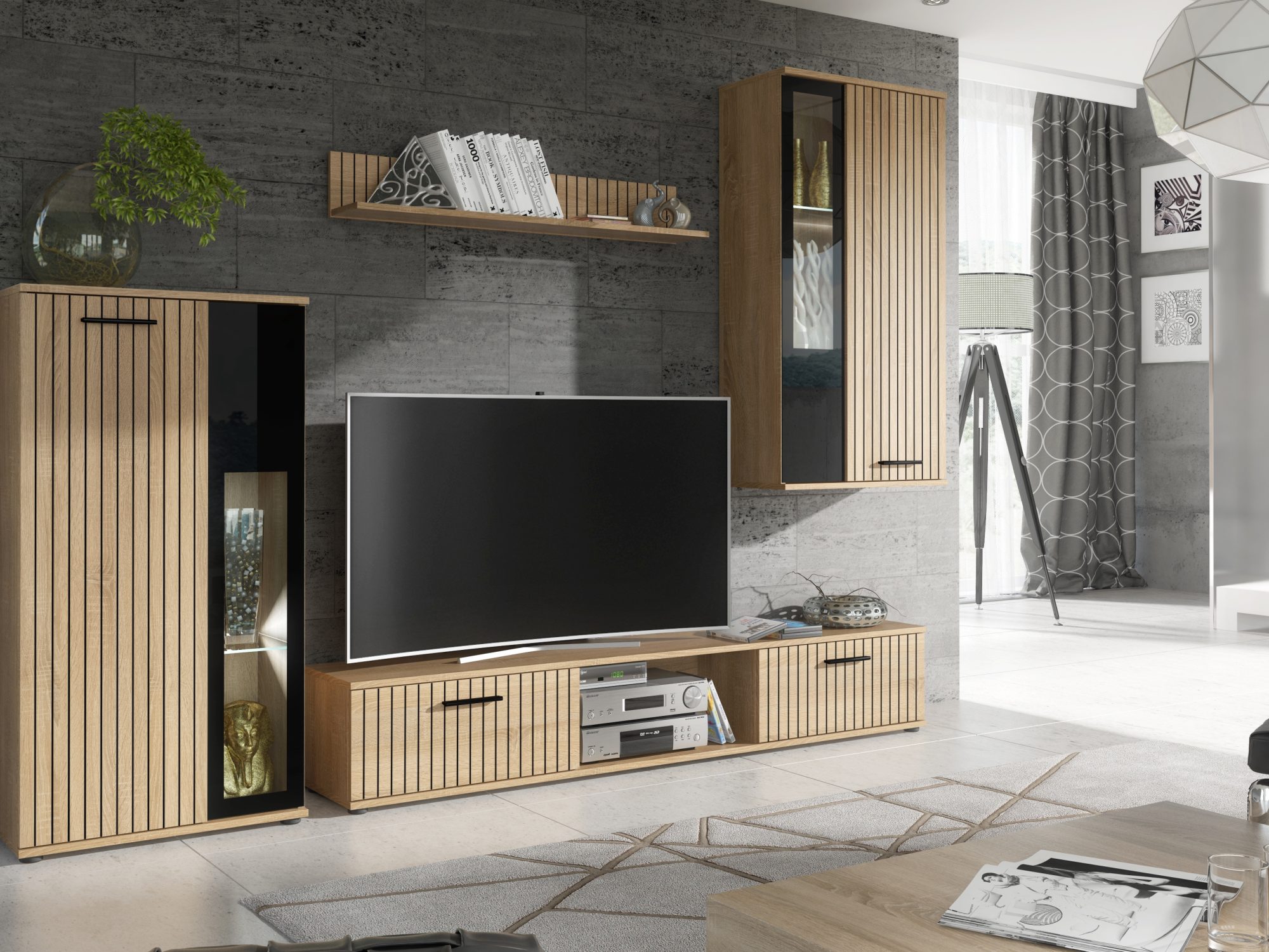 Obývací stěna Valvero Hickory Jackson s černými detaily a LED osvětlením