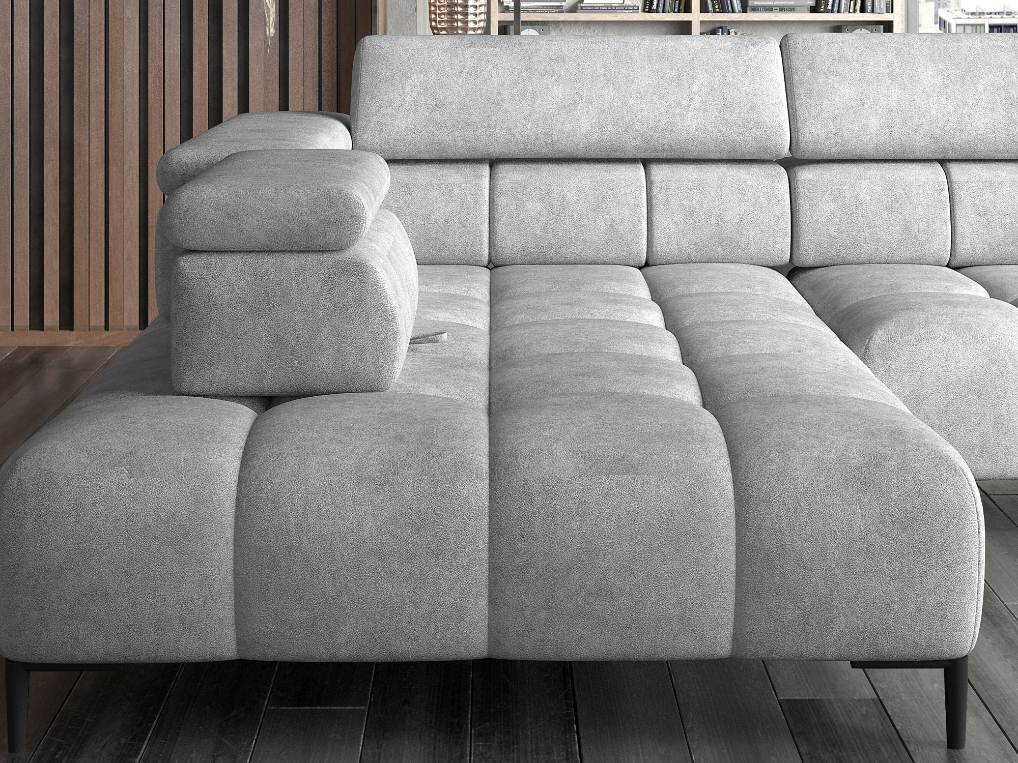 Ottomane und verstellbare Kopfstütze des Ecksofas Pleviano 300 cm in Nahaufnahme