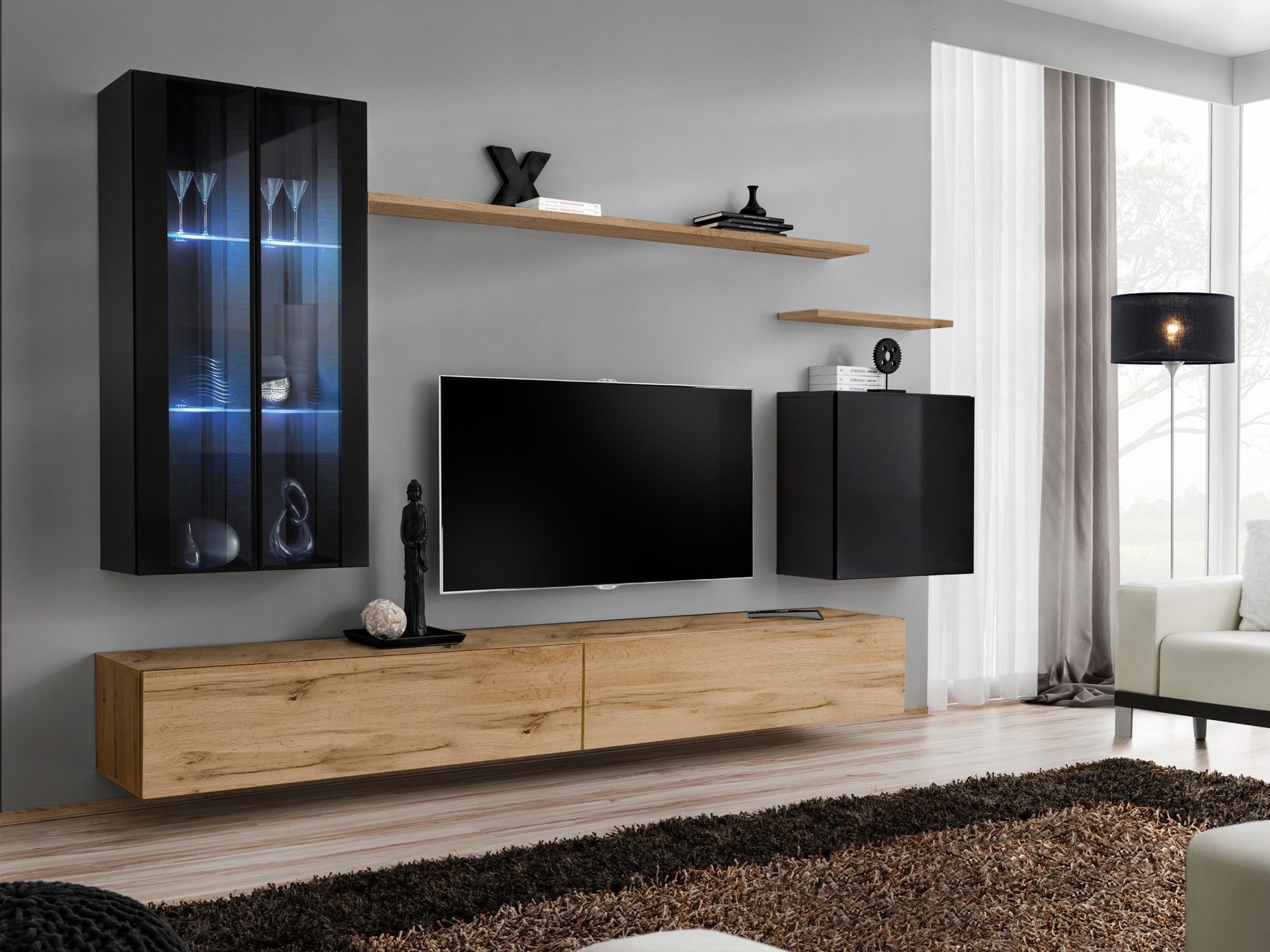 Wohnwand Kelmoro 270 cm in Schwarz und Wotan Eiche mit LED