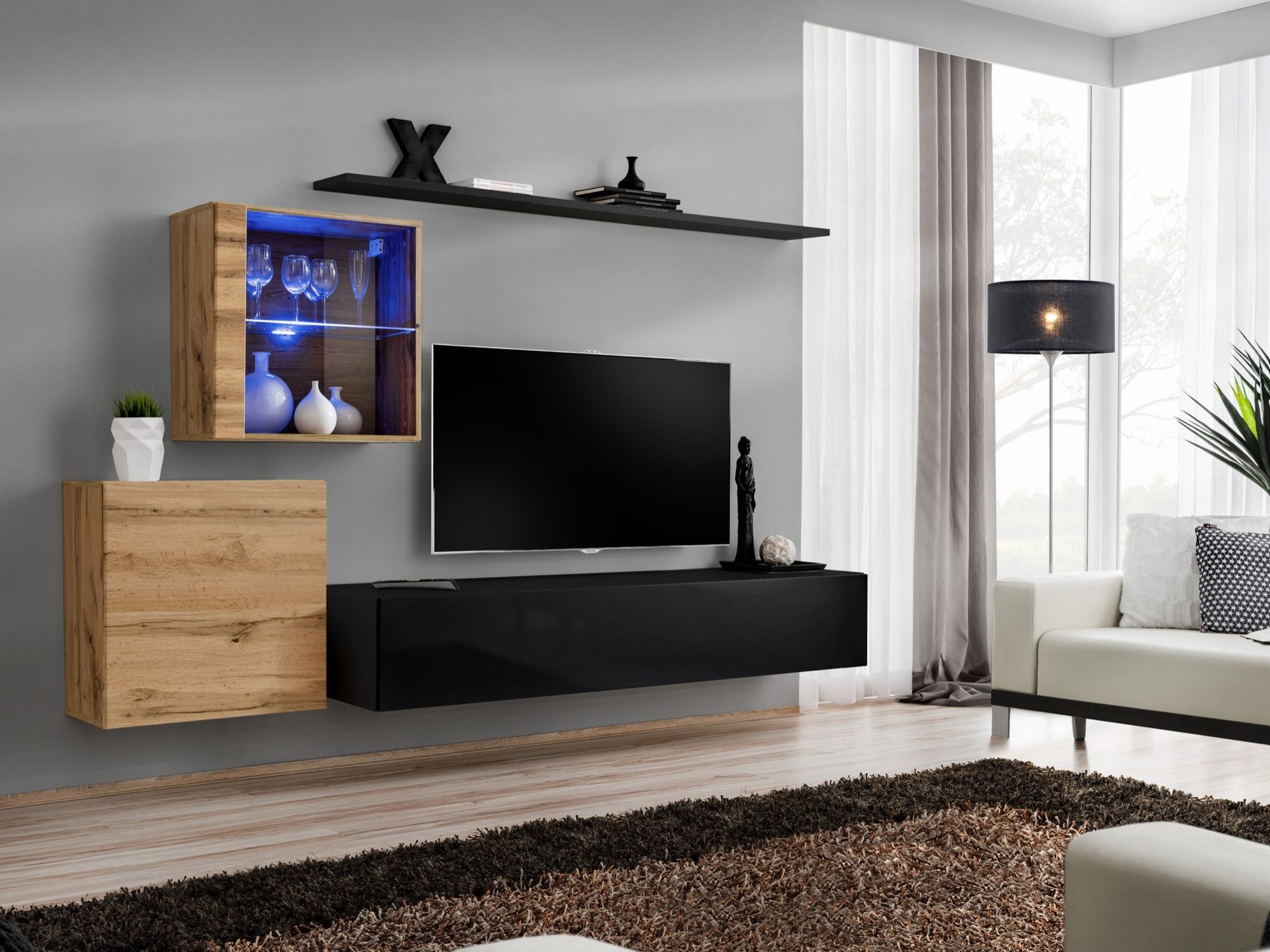 Obývací stěna Kelmoro 260 cm dub wotan a černá s LED osvětlením
