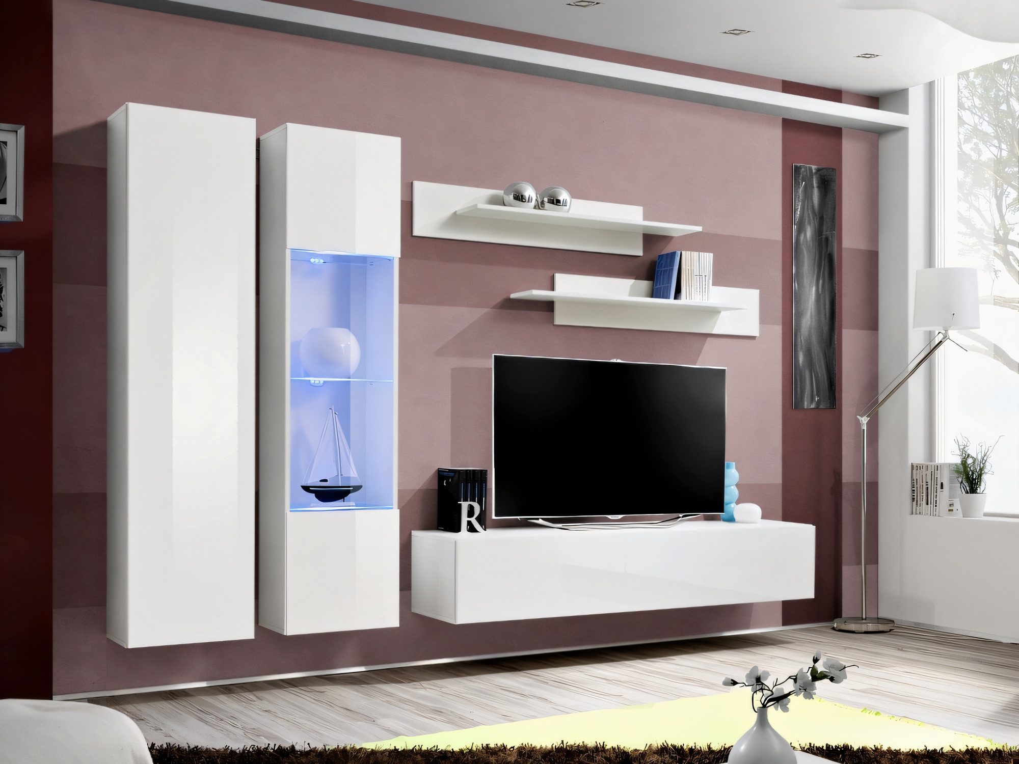 Obývací stěna Flavero 240 cm bílá a bílý lesk s LED vitrínou