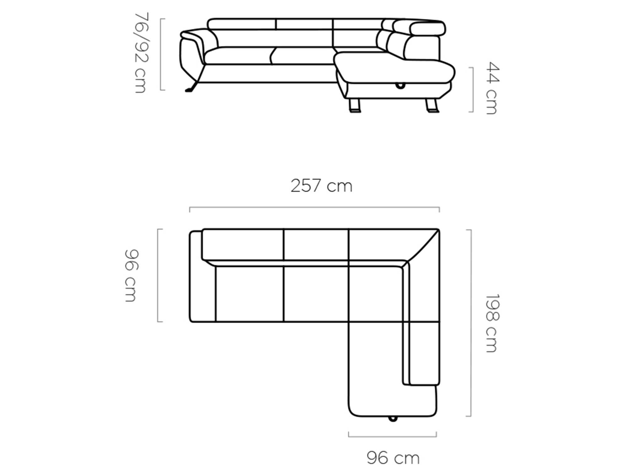 Rohová sedací souprava Ravero 257 cm – technický nákres s rozměry