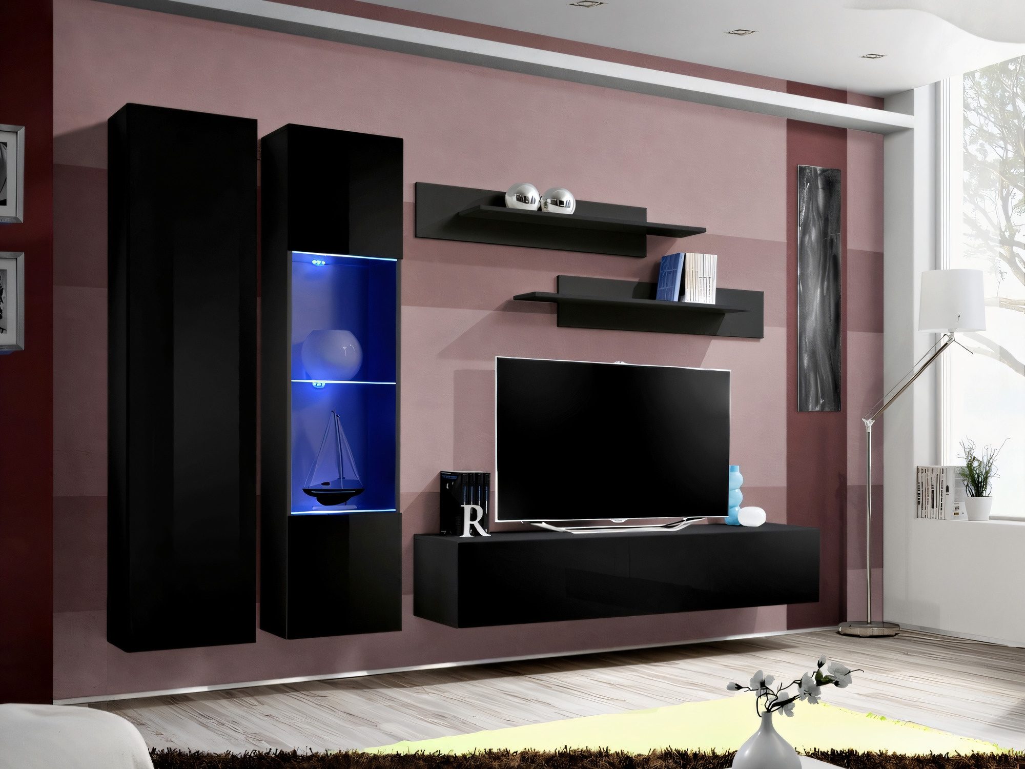 Obývací stěna Flavero černá a černý lesk se skříňkou a LED vitrínou