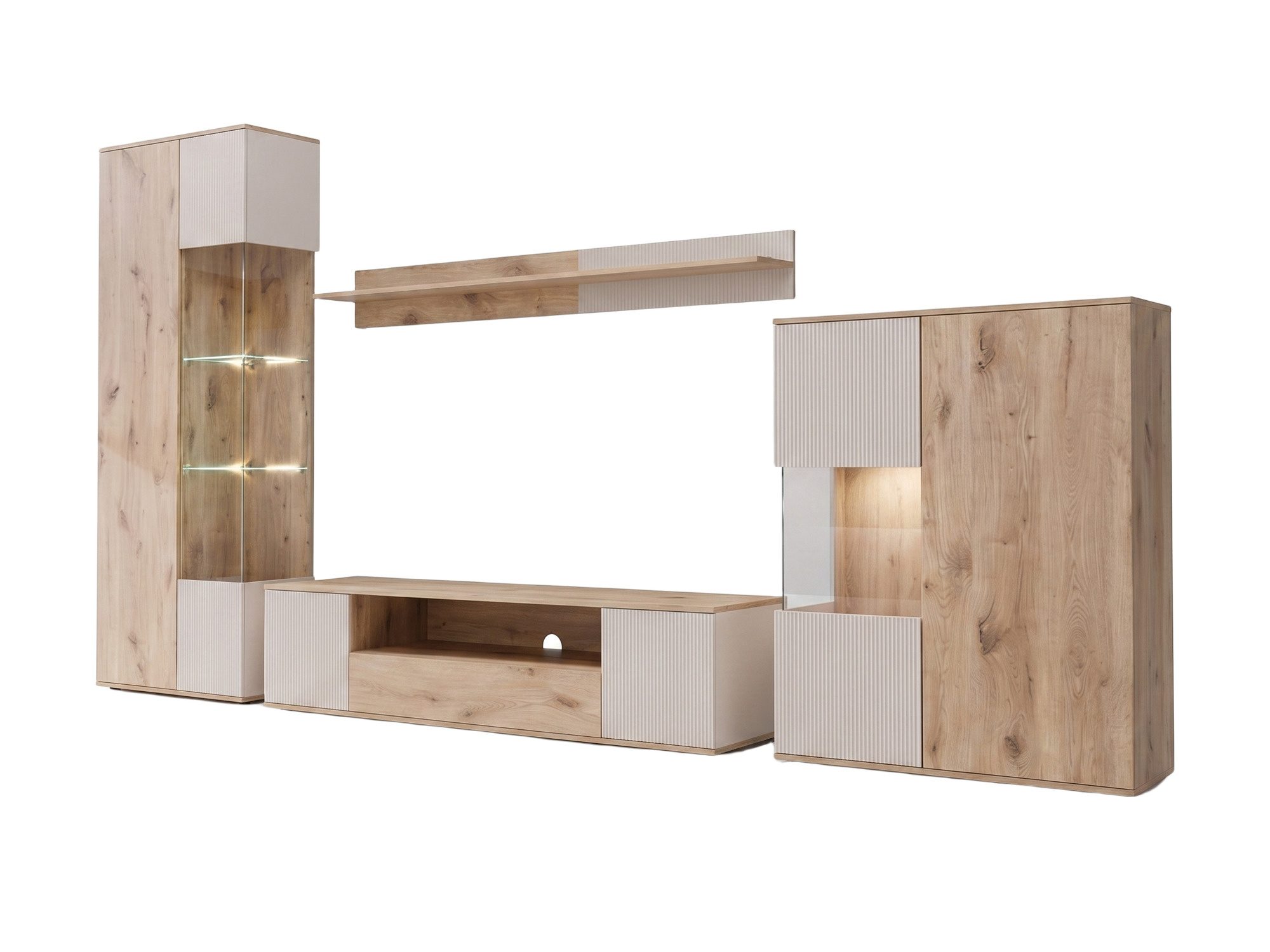 Wohnwand mit Vitrinen Cativaro 320 cm Viking Eiche Kaschmir