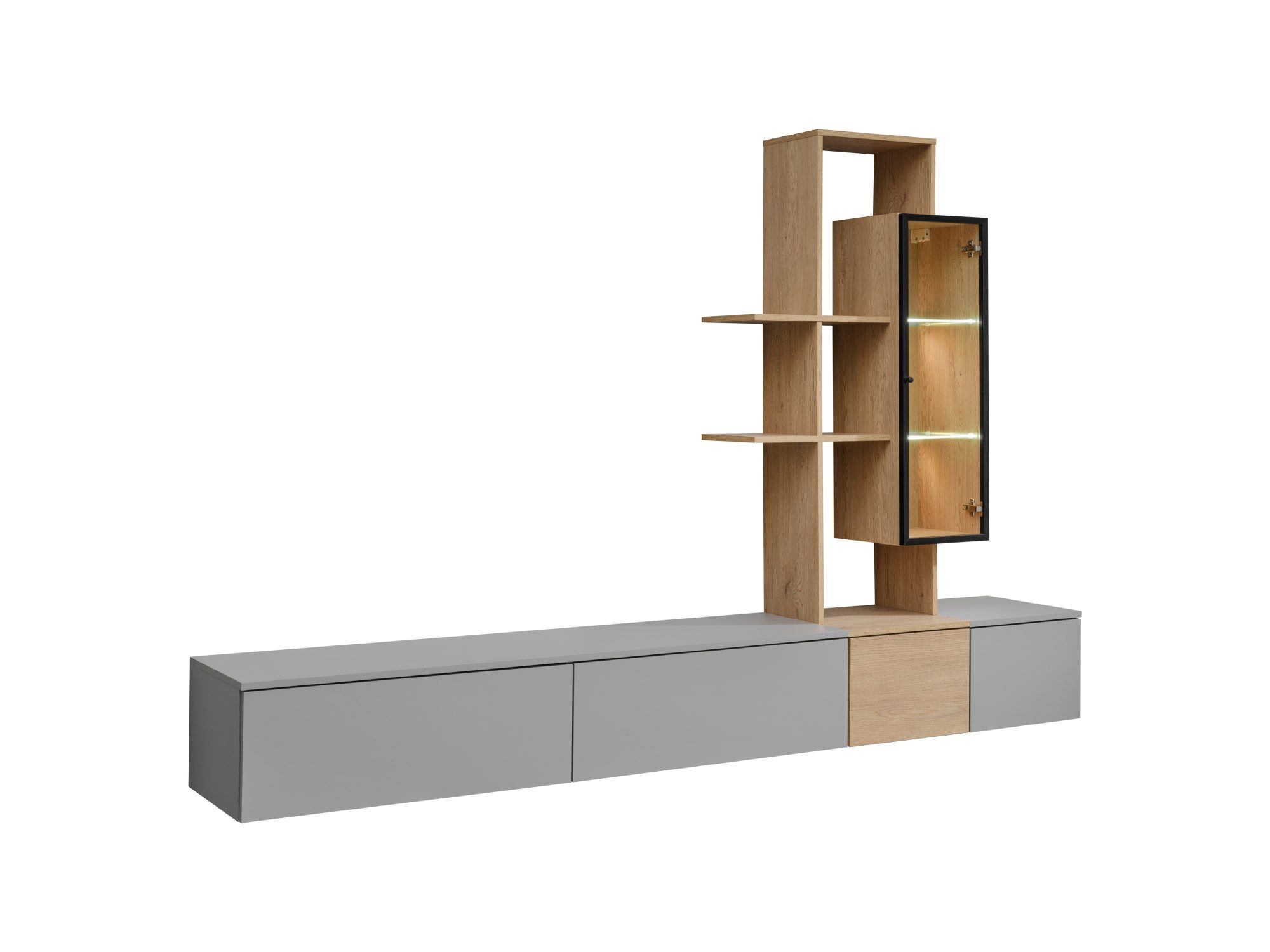 Obývací stěna Levaro 240 cm Arctic Grey Cremona Oak – celkový pohled na sestavu