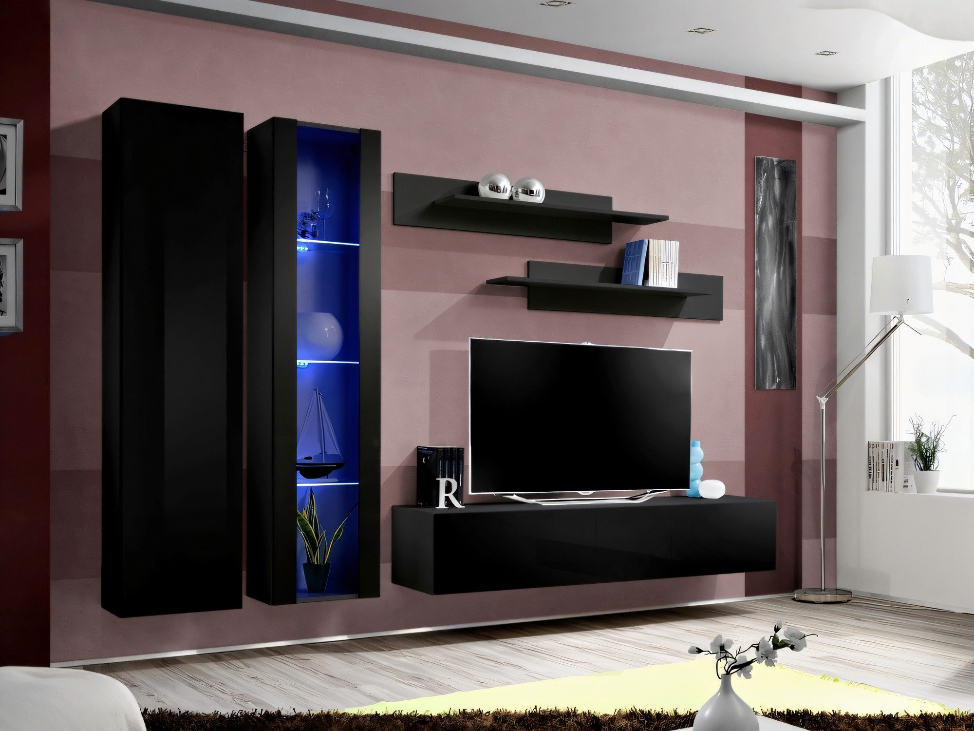 Obývací stěna Flavero 260 cm černá a černý lesk se skříňkou a LED vitrínou
