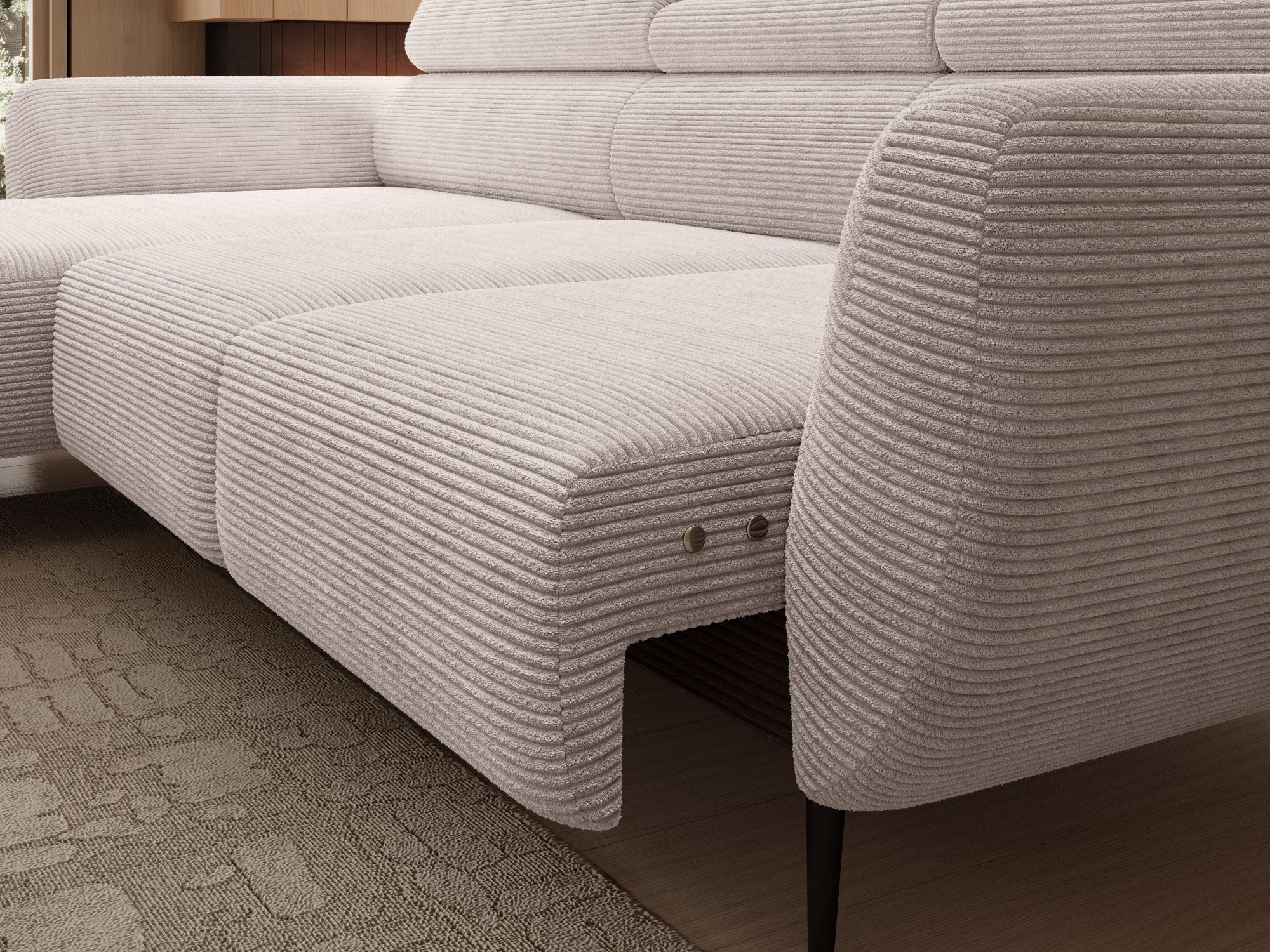 Ecksofa Rivello: Detail der ausgefahrenen Sitzfläche und seitlichen Tasten