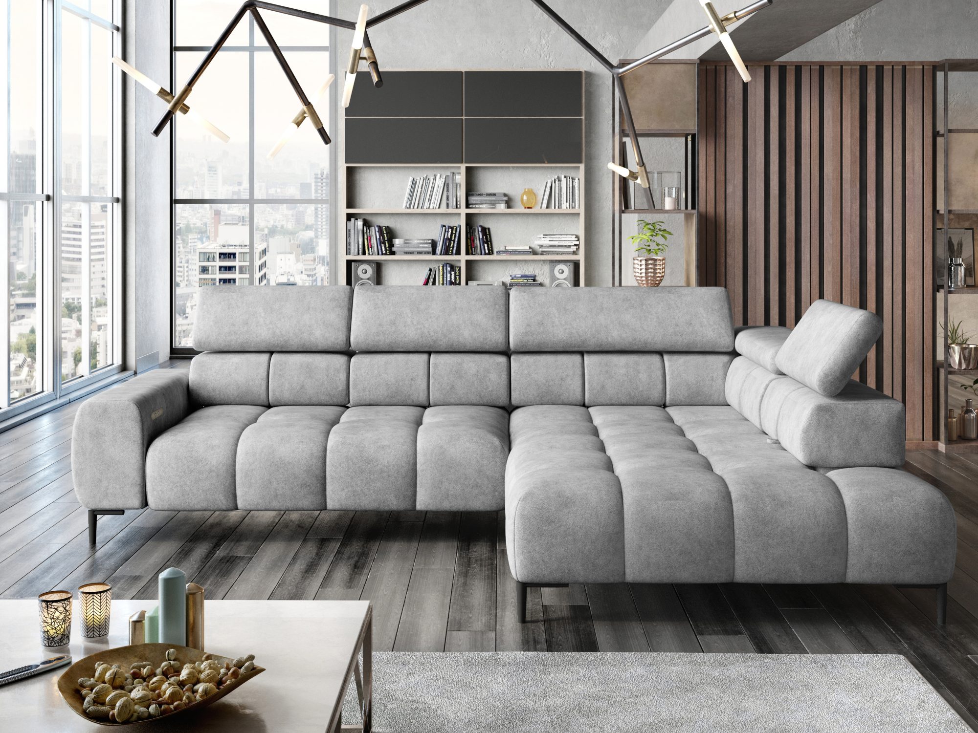 Ecksofa Pleviano 300 cm in einem Wohnzimmer im Loft-Stil