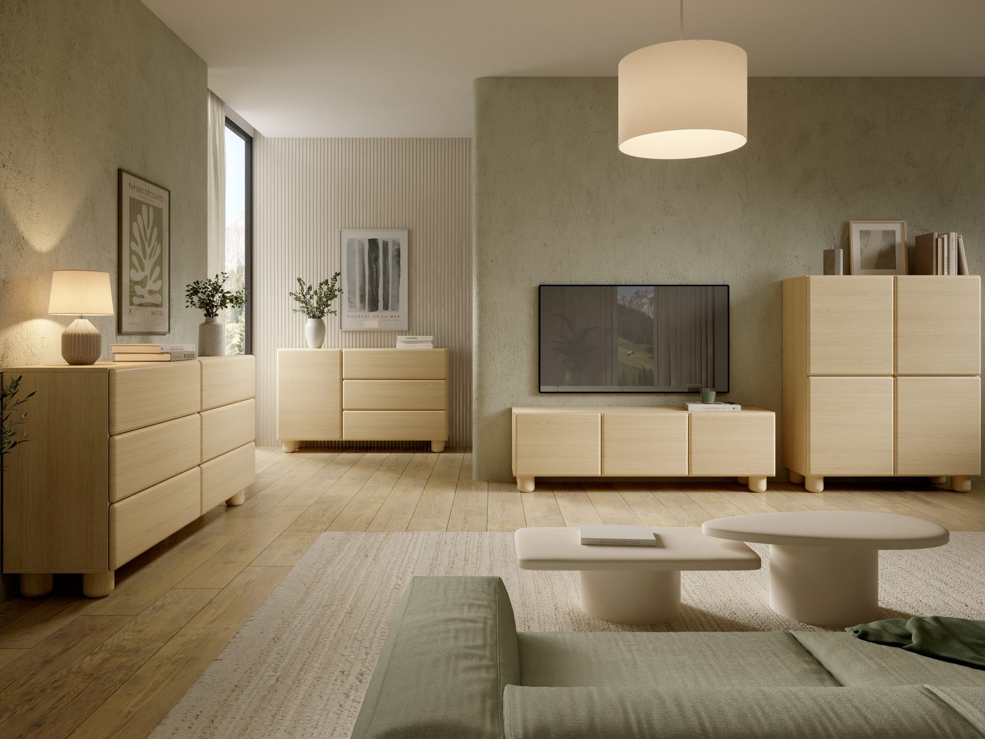 Kollektion Faltero – Arrangement heller Möbel im Wohnzimmer