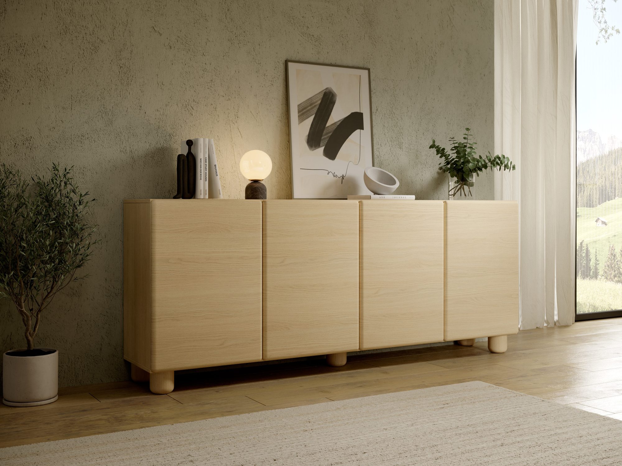 Faltero im Wohnzimmer-Ambiente – helle Möbel mit Dekoration