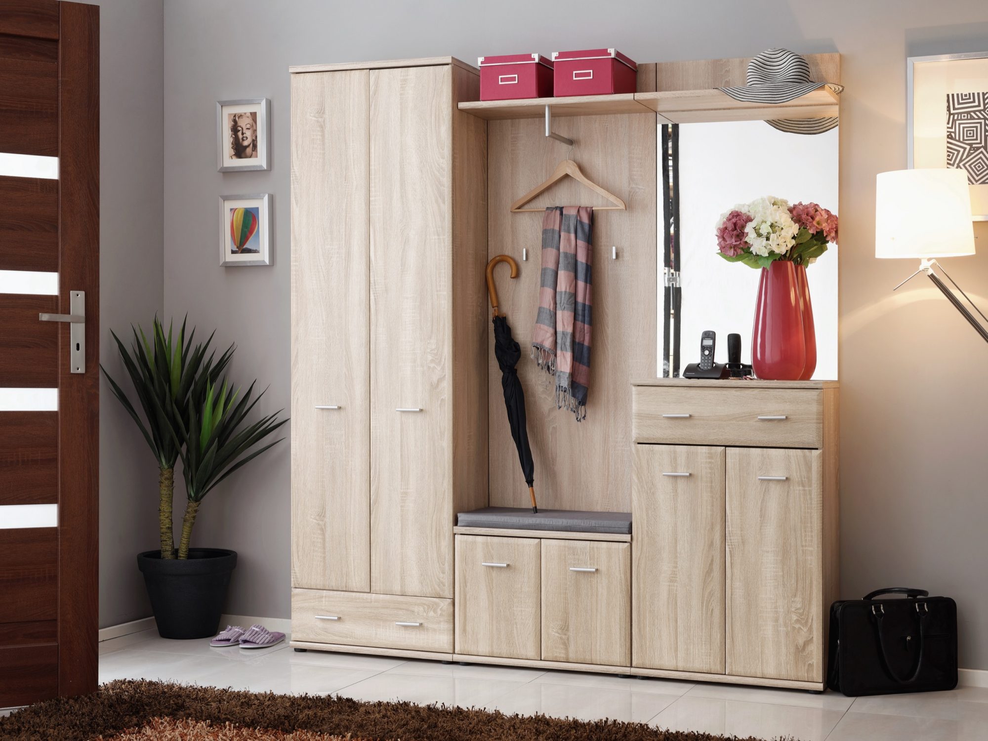 Garderobe mit Schrank, Spiegel und Sitzkissen Arvello 180 cm Sonoma Eiche